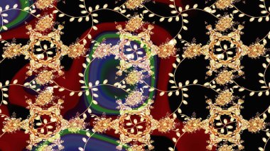 Siyah, kırmızı ve bej renkli etnik çiçeklerle süslenmiş zarif bir eskiz deseni. Asya Tekstil 'inde Raster Çiçek İllüstrasyonu.