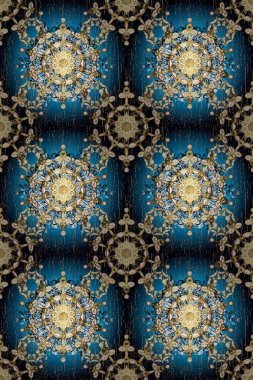 Parlak dantel, stilize çiçekler, şal desenli. Raster. Mavi üzerinde kusursuz desen, altın elementli siyah renk. Kusursuz altın desenli bukleler. Doğu tarzı arabesk. Zarif altın deseni aç