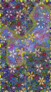 Çok mavi, zarif küçük çiçekler ve mavi renkli komik böcekler, raster desen, illüstrasyon.