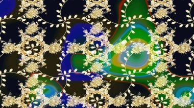 Raster Floral Illustration, Asyalı tekstil. Siyah renkli etnik çiçeklerle zarif eskiz deseni.