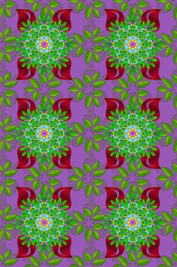 Sevimli çiçek raster deseni. Renkli Bahar Temalı Kusursuz Arkaplan. Mor, mor ve yeşil renkli çiçekler. Düz Çiçek Elementleri Tasarımı.