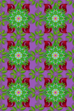 Sevimli çiçek raster deseni. Renkli Bahar Temalı Kusursuz Arkaplan. Mor, mor ve yeşil renkli çiçekler. Düz Çiçek Elementleri Tasarımı.