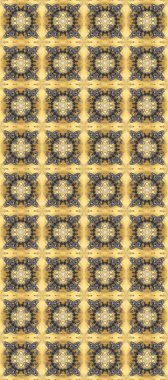 Altın antika ortaçağ dekoratifi, yapraklar ve bej, gri ve sarı renkte altın desenli süslemeleri olan pürüzsüz bir desen. Kusursuz kraliyet lüksü, altın barok kumaş rengi..