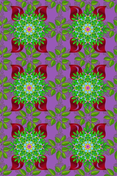 Sevimli çiçek raster deseni. Renkli Bahar Temalı Kusursuz Arkaplan. Mor, mor ve yeşil renkli çiçekler. Düz Çiçek Elementleri Tasarımı.