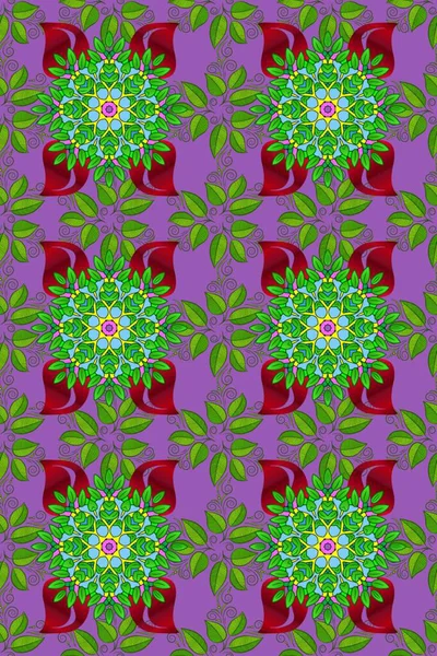 Sevimli çiçek raster deseni. Renkli Bahar Temalı Kusursuz Arkaplan. Mor, mor ve yeşil renkli çiçekler. Düz Çiçek Elementleri Tasarımı.