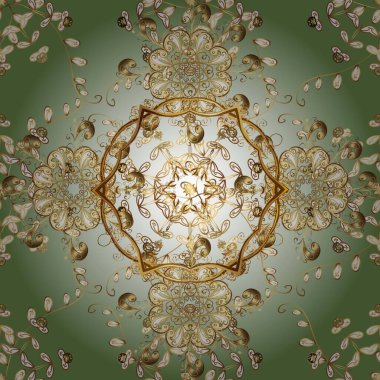 Openwork delicate golden pattern. Seamless golden texture curls. Seamless pattern on pleasant colors with golden elements. Brilliant lace, stylized flowers, paisley. Raster illustration. Oriental style arabesques