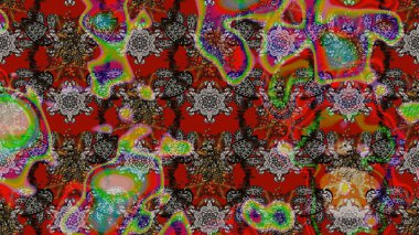 Çiçek ve yapraklı karalama şeklinde Raster çiçek deseni. Raster illüstrasyonu. Gri, kahverengi ve kırmızı renkte bahar çiçekleri.