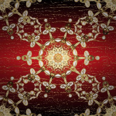 Kırmızı ve kahverengi renklerde altın element. Barok tarzında altın çiçekli süs. Damask pürüzsüz yineleme kalıbı. Antika altın tekrarlanabilir duvar kağıdı.