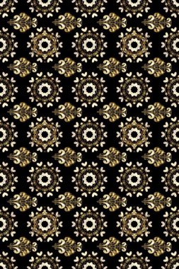 Doğuya özgü bir süs. İslam tasarımı. Raster altın tekstil baskısı. Çiçek kiremitleri. Altın desenli siyah, bej ve kahverengi altın elementler.