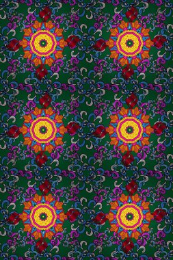 Raster illüstrasyonunda kusursuz çiçek deseni. Siyah ve yeşil renkte çiçekler.