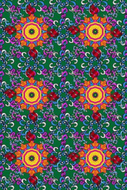 Kumaş desenli papatya çiçeği detayı. Yeşil ve siyah renkte çiçekler.