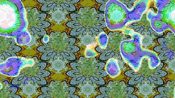 Raster illüstrasyonu. Yeşil ve mavi renkli yeşil ve mavi papatya deseni. Yeşil ve mavi renklerde.