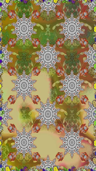 Kahverengi ve nötr renklerde çiçekler. Renkli Bahar Temalı Kusursuz Arkaplan. Düz Çiçek Elementleri Tasarımı. Raster illüstrasyonunda kusursuz çiçek deseni.