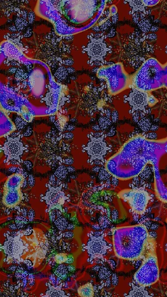 Kahverengi ve kırmızı kahverengi ve kırmızıya. 1950-1960 motifleri. Çiçekli ipek eşarp. El çizimi çiçek unsurları olan soyut çizim raster deseni. Retro tekstil tasarım koleksiyonu.