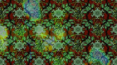 Raster çiçek desenleri çiziyor. Vadinin çiçekleri yeşil, kahverengi ve gri renklerde.