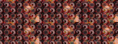 Kumaş desenli papatya çiçeği detayı. Siyah ve kahverengi renkte çiçekler.