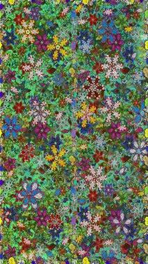 Elle çizilmiş çiçek deseni (fayans). Şirin çiçekleri, desenleri ve yeşil renkleri olan renksiz bir desen. Tekstil için suluboya desensiz.