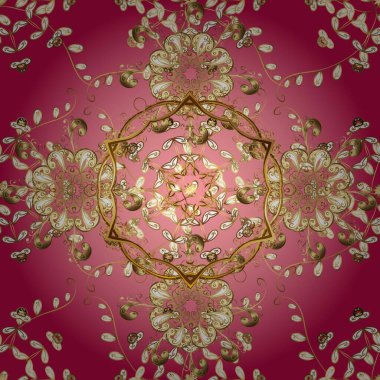 Süslü dantel iz sürücü. Duvar kâğıdı için altın süslü bir illüstrasyon. Doğu tarzında klasik tasarım öğesi. Çiçekli süslemeli, pürüzsüz bir desen. Hoş renkler üzerine geleneksel Arapça dekor.
