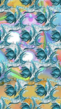 Yapraklı çiçekler ve mavi, tarafsız ve gri renklerde papatya çiçekleri. Raster - stok. El arkaplanı deseni.