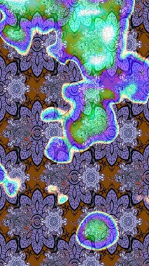 Modern çiçek arkaplanı. Moda baskıları için zarif bir şablon. Parlak renkli çiçekleri ve mor renkli yaprakları olan harika bir çiçek deseni. Halk stili.