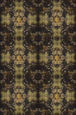 Raster illustration. Classic vintage background. Traditional orient ornament. Seamless classic raster golden pattern. Seamless pattern on pleasant colors with golden elements.