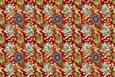 İslam tasarımı. Kırmızı, bej ve kahverengi renklerde altın desenli altın elementler. Raster altın tekstil baskısı. Kusursuz desenli oryantal süs. Çiçek karoları.