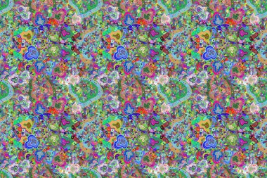 Şirin çiçek elementleri. Kusursuz desenli, modaya uygun kumaş deseni. Düz Çiçek Elementleri Tasarımı. Renkli Bahar Teması Kusursuz Arkaplan.