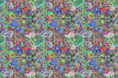 Şirin çiçek elementleri. Kusursuz desenli, modaya uygun kumaş deseni. Düz Çiçek Elementleri Tasarımı. Renkli Bahar Teması Kusursuz Arkaplan.