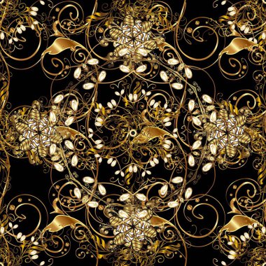 Golden pattern on pleasant colors with golden elements. Seamless golden pattern. Raster oriental ornament.