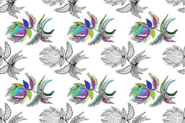 Tekstil için dikişsiz suluboya desen. Elle çizilmiş çiçek deseni (fayans). Sevimli çiçeklerle, desenli, kırmızı, beyaz ve gri renklerle renksiz desen.