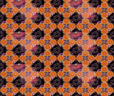 Çiçeksiz desenli, suluboya elle çizilmiş elementler. Parlak renkli fantezi çiçekleri, yapraklar, turuncu ve siyah renkli tomurcuklar, turuncu ve siyah.