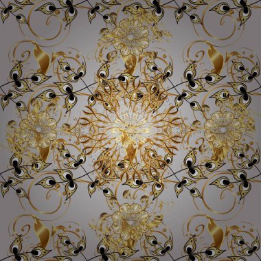Raster illustration. Classic vintage background. Traditional orient ornament. Seamless pattern on black and brown colors with golden elements. Seamless classic raster golden pattern.