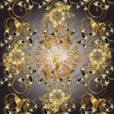 Raster. Hassas altın deseni açın. Doğu tarzı arabesk. Parlak dantel, çiçekler, şal deseni. Gri ve kahverengi renklerde altın elementlerle kusursuz desen. Kusursuz altın dokular bukleler.