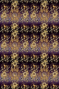 Barok tarzında altın çiçekli süs. Damask pürüzsüz yineleme kalıbı. Kahverengi ve siyah renklerde altın element. Antika altın tekrarlanabilir duvar kağıdı.