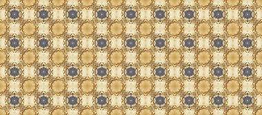 Kusursuz desenli oryantal süs. İslam tasarımı. Çiçek kiremitleri. Altın elementlerle bej, kahverengi ve gri renklerde altın desen. Raster altın tekstil baskısı.