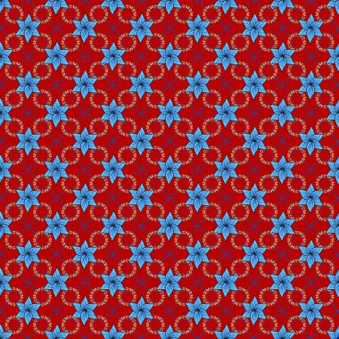 Raster Illustrasyon 'da moda olmayan çiçek deseni. Renkli Yaz Temalı Kusursuz Arkaplan. Kırmızı, mavi ve kahverengi renkte çiçekler. Düz Çiçek Elementleri Tasarımı.