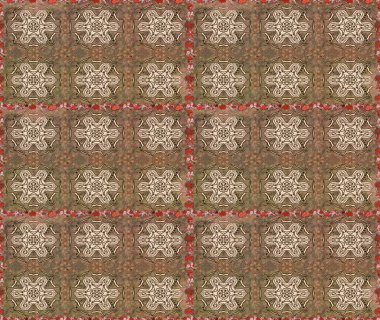 Kahverengi ve bej renklerde etnik çiçeklerle kusursuz bir desen. Raster Çiçek İllüstrasyon Şirin Tekstil.