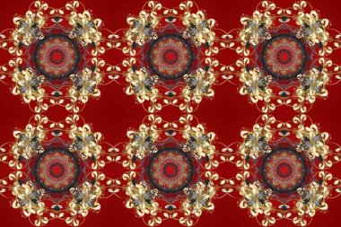 Çiçek süsü kumaş deseni, cam, çiçek desenli metal kırmızı, kahverengi ve bej renklerinde altın elementler. Klasik raster altın pürüzsüz desen.