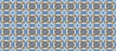 Raster altın tekstil baskısı. Kusursuz desenli oryantal süs. Çiçek kiremitleri. Altın desenli mavi, gri ve nötr renklerde altın elementler. İslam tasarımı.