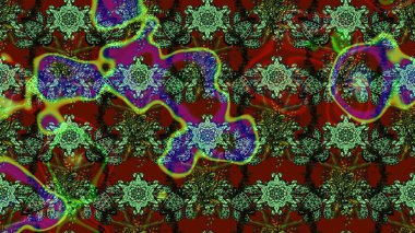 Patlayan çiçekler soyut olarak yerleştirilmiş. Raster illüstrasyonu. Raster deseni. Kibar, bahar çiçekleri yeşil ve kırmızı renklerde.