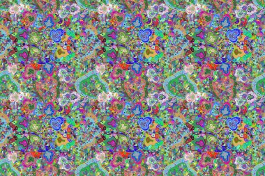 Şirin çiçek elementleri. Renkli Bahar Temalı Kusursuz Arkaplan. Kusursuz desenli, modaya uygun kumaş deseni. Düz Çiçek Elementleri Tasarımı.