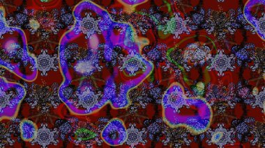 Üzerinde gelincikler ve vadi zambakları olan renkli çiçek desenli nakış deseni. Tekstil tasarımı için kırmızı ve kahverengi renkli geleneksel halk çiçekleri..