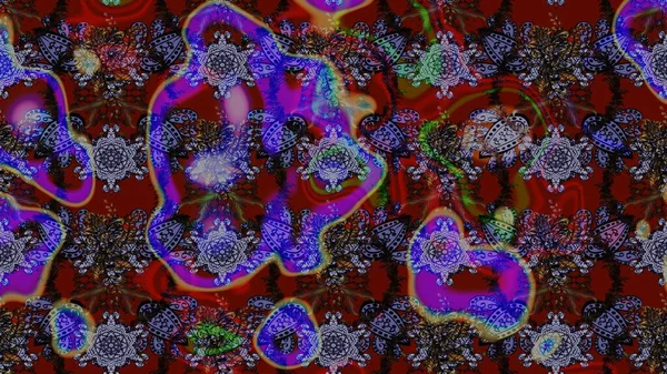 Üzerinde gelincikler ve vadi zambakları olan renkli çiçek desenli nakış deseni. Tekstil tasarımı için kırmızı ve kahverengi renkli geleneksel halk çiçekleri..