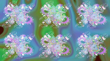 Çiçek buketleriyle klasik bir eskiz şekli. Raster illüstrasyonu. Mavi ve yeşil renklerde.