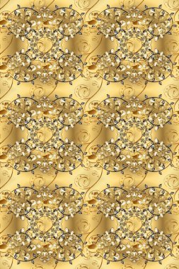 Oyma. Klasik mobilya tarzı. Kusursuz ahşap oyma. Patina. Altın kaplamalı bej, sarı ve kahverengi arka plan. Küçük bir alan derinliği. Lüks mobilyalar. Altın elementlerle desen.