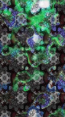 El çizimi çiçek unsurları olan soyut çizim raster deseni. Çiçekli ipek eşarp. 1950-1960 motifleri. Retro tekstil tasarım koleksiyonu. Gri ve siyah üzerine gri ve siyah.