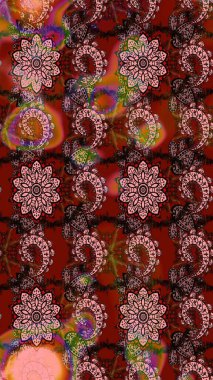 Bir sürü kırmızı ve kahverengi soyut çiçekli tropik eskiz deseni. Küçük çiçekteki sevimli çiçek deseni. Renkli ve kahverengi raster çizimi.