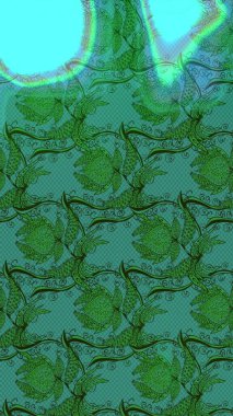 Parlak çiçekli kolaj çiçekleri yeşil ve mavi. Çiçek tasarımı için inanılmaz bir kolaj cenneti tarzı. Çiçekli zambaklar eskiz arka planı.