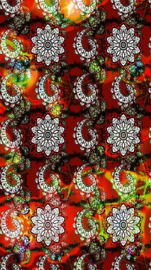 Modern çiçek arkaplanı. Halk tarzı. Moda baskıları için zarif bir şablon. Parlak renkli çiçekleri olan ve kırmızı ve siyah renkte yaprakları olan inanılmaz bir çiçek deseni..