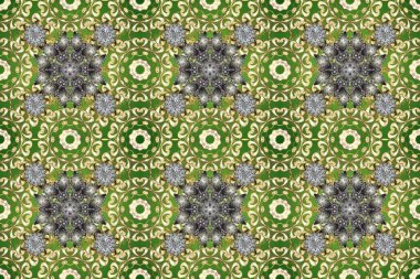 Klasik klasik klasik arka plan. Geleneksel oryantasyon süsü. Kusursuz klasik raster altın desenli. Yeşil, gri ve bej renklerde altın elementlerle kusursuz desen.